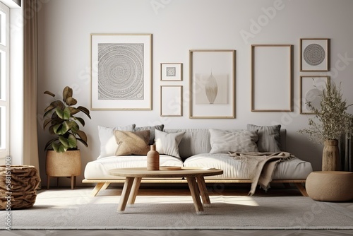 cozy living room with modern furniture and wall decor. Generative AI © AkuAku