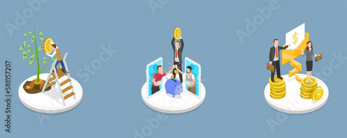 3D Isometric Flat Vector Conceptual Illustration of Startup Funding, Raising Money for New Bussiness