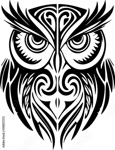 A black and white owl tattoo adorned with Polynesian designs.