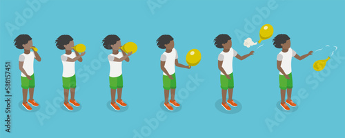 3D Isometric Flat Vector Conceptual Illustration of Balloon Inflation, Kid Blowing Air to a Balloon and Let it Out in the Air