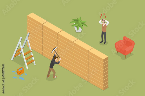 3D Isometric Flat Vector Conceptual Illustration of Noisy Neighbor, Man Annoyed by Noise from Neighboring Apartment