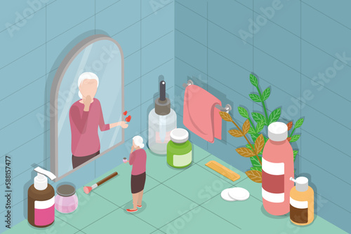 3D Isometric Flat Vector Conceptual Illustration of Elderly Skin Care, Senior Woman Applying Cosmetic Cream on Face