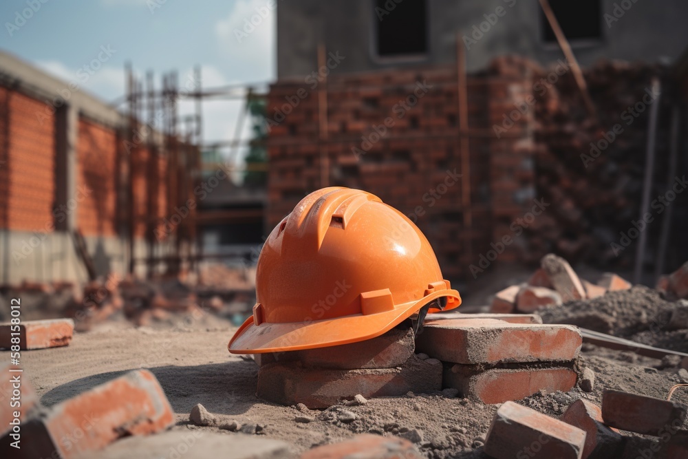 a construction hard yellow hat placed on a stack of brick wall - obrazy, fototapety, plakaty 