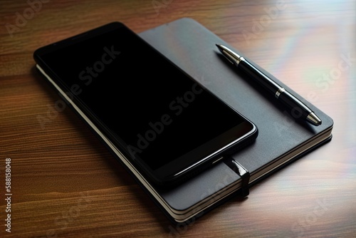 photo of smartphone on work table with notebook like pro