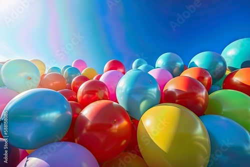 a collection of colorful balloons against a blue sky background