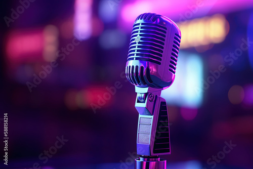 retro microphone on stage, purple colors, generative ai
