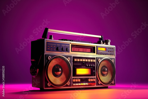 Retro tape recorder on purple background, Generative AI