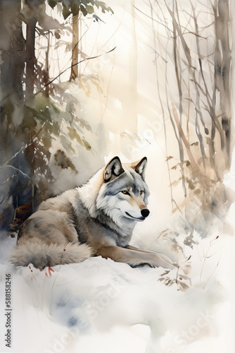 Serene Wolf Resting by Watercolor