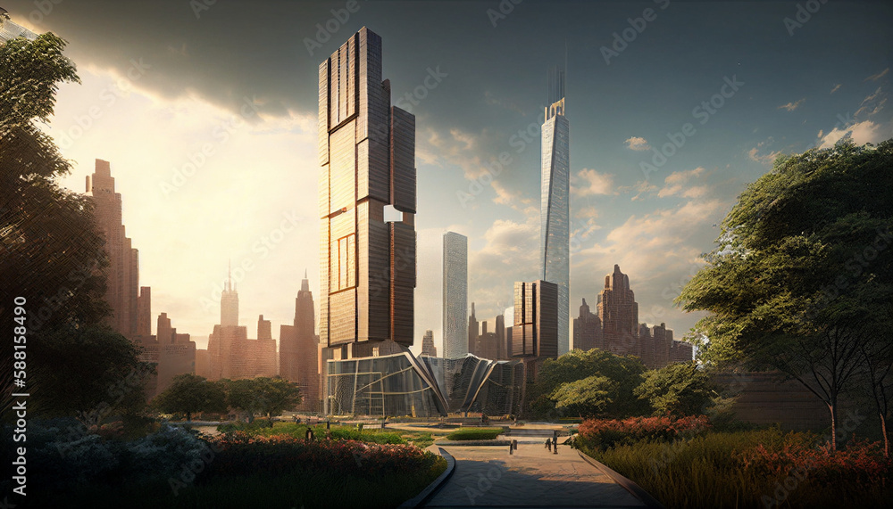 Fototapeta premium a hybrid skyscraper merging urban parks with an hindu architecture, vertical farming, wind turbines, open spaces, large featured art gallery, density of building spaces for office, retail, restaurants