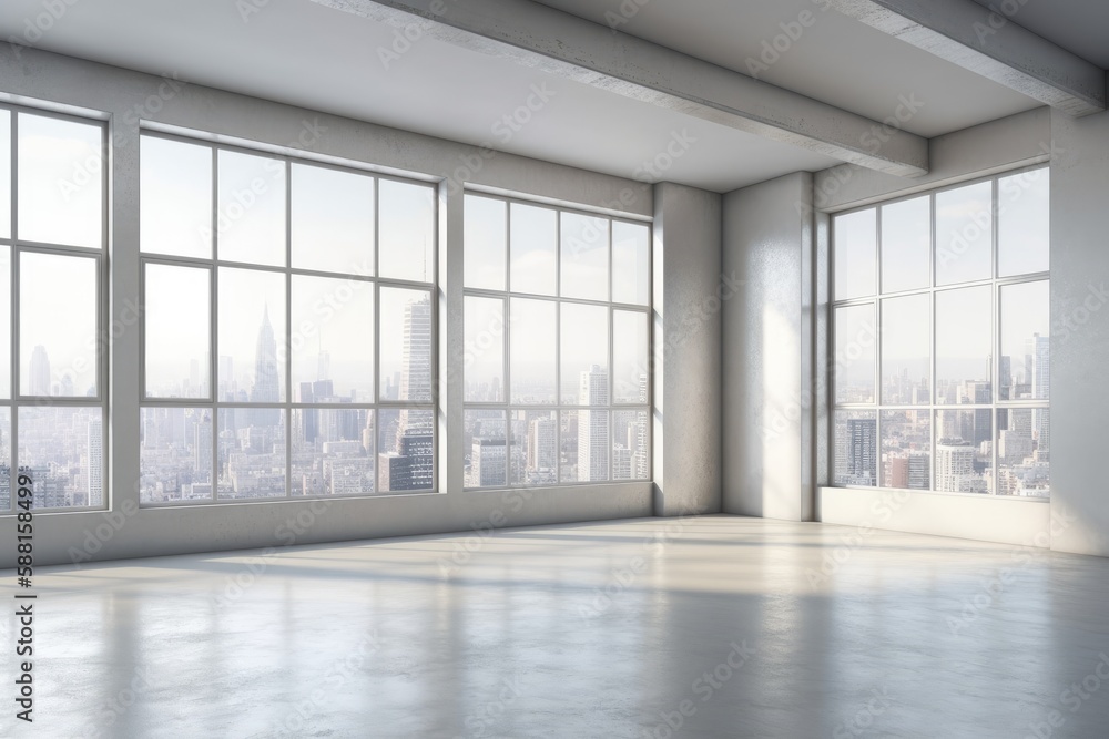 Fototapeta premium Illustration of an empty room with panoramic city view. Generative AI