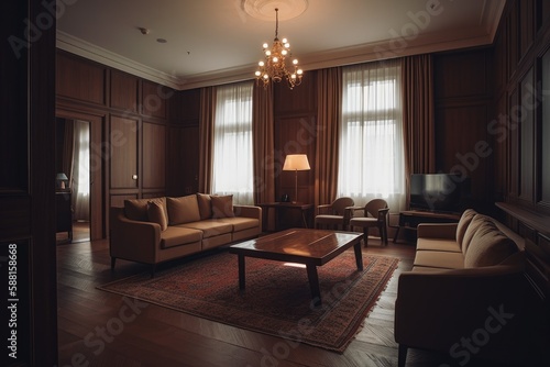 Luxurious Living Room with Elegant Furniture and a Sparkling Chandelier. Generative AI