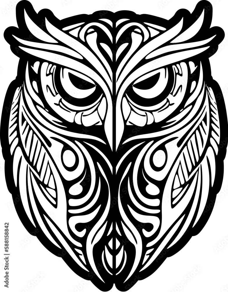Φωτογραφία ﻿A black and white owl tattoo with Polynesian designs.