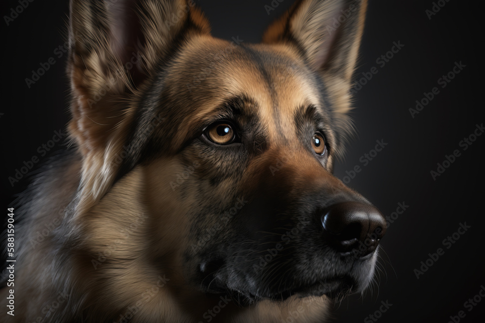 Generative AI. Portrait of a lovely german shepherd dog on dark background Generative AI. Portrait of a lovely german shepherd dog on dark background