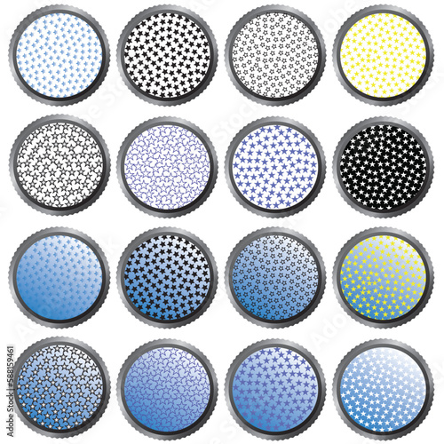 Set of round patterned buttons with shaped edge. Set of buttons with decorative star pattern in different colors with silver edge. Object isolated. Vector. © azteka