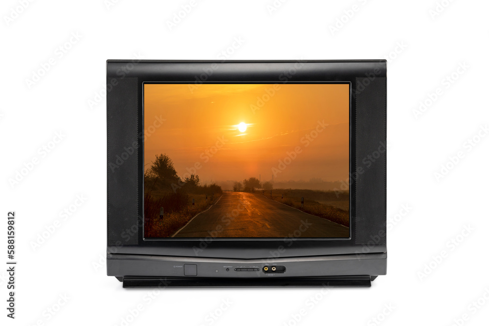 Fototapeta premium Black analog old television with sunrise or sunset view isolated on white background. clipping path