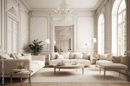 luxurious living room with elegant furniture and a sparkling chandelier. Generative AI © AkuAku