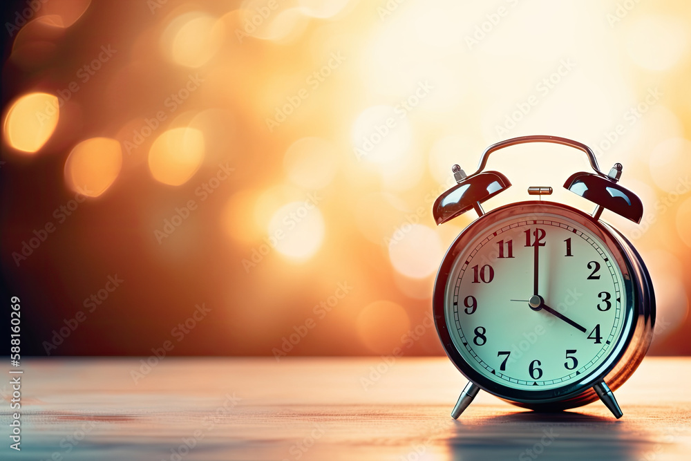 alarm clock on a wooden table, isolated with blurred background, bokeh. AI generative image. alarm clock on a wooden table, isolated with blurred background, bokeh. AI generative image.