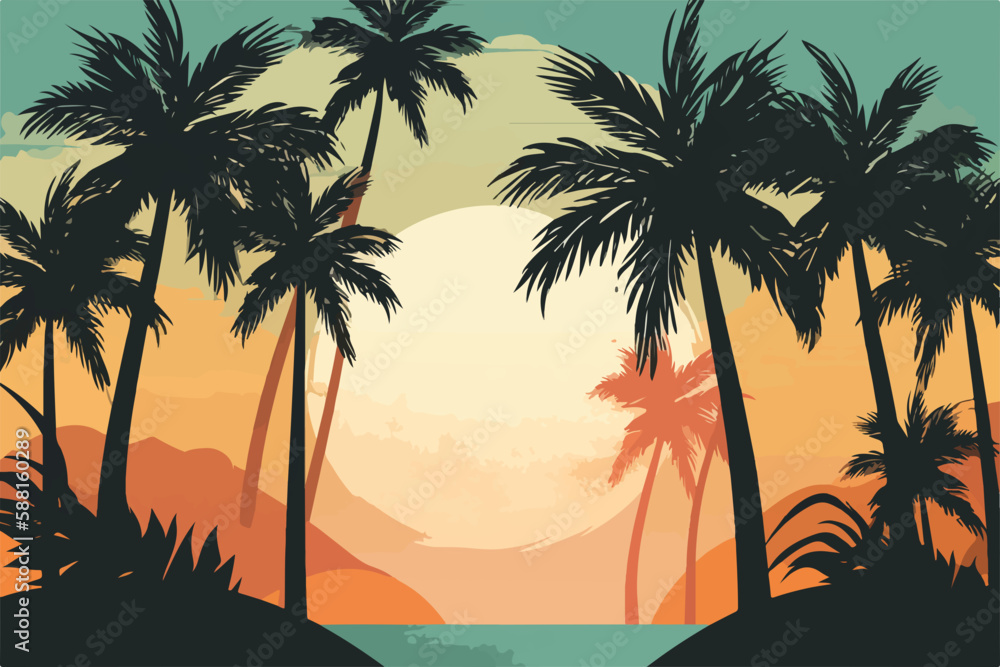 Vector of Palm Trees on an Island at Sunset