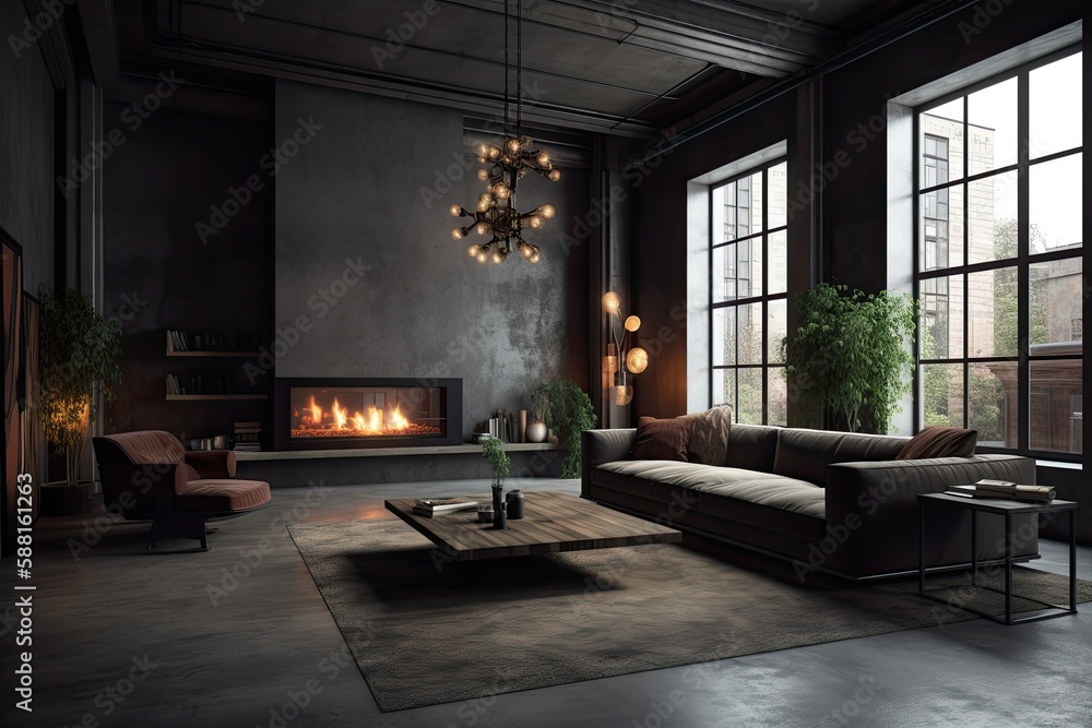 cozy living room with a fireplace and comfortable furniture. Generative AI cozy living room with a fireplace and comfortable furniture. Generative AI