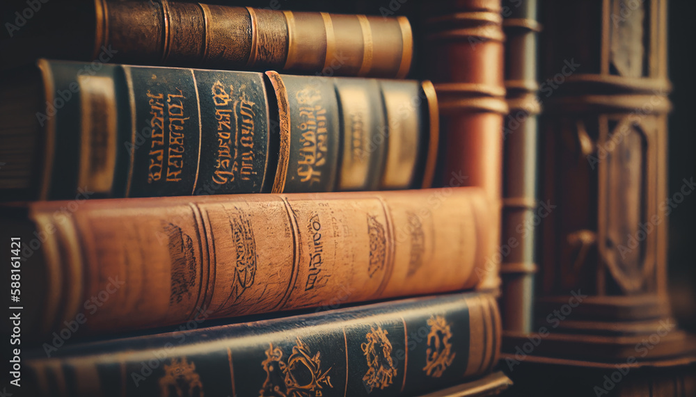 Old books close-up. Title of the book is printed on the spine. Tiled Bookshelf background.