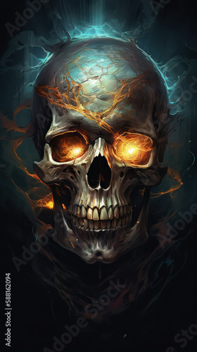Infernal Illumination: A Fantasy Masterpiece Illustration of a Glowing, Screaming Skull, Generative AI