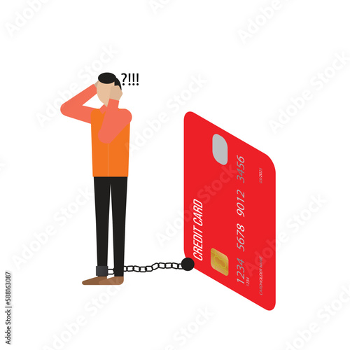 A vector of men clueless after having credit card as debt. Credit card as trap.