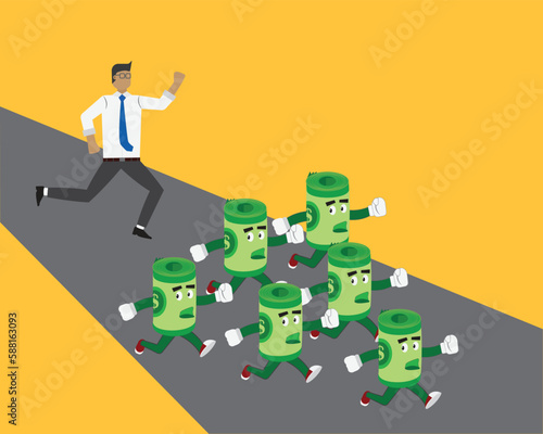 A vector of working men chasing running money. Bank run and financial crisis concept