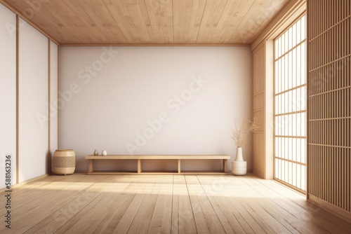 Illustration of an Empty Room with a Wooden Floor and White Wall. Generative AI