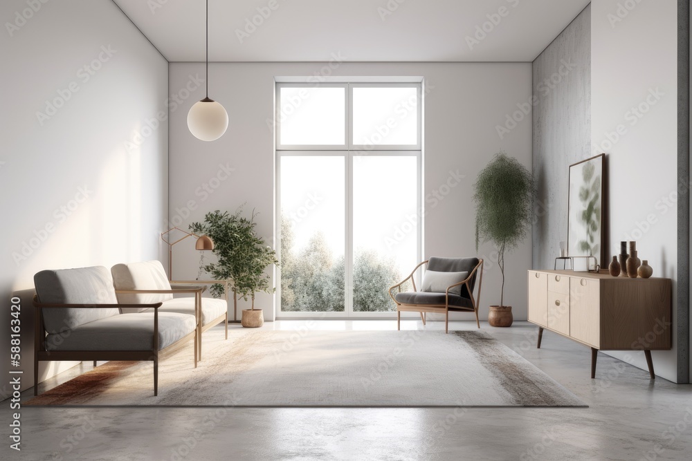 Fototapeta premium cozy living room with a large window and comfortable furniture. Generative AI