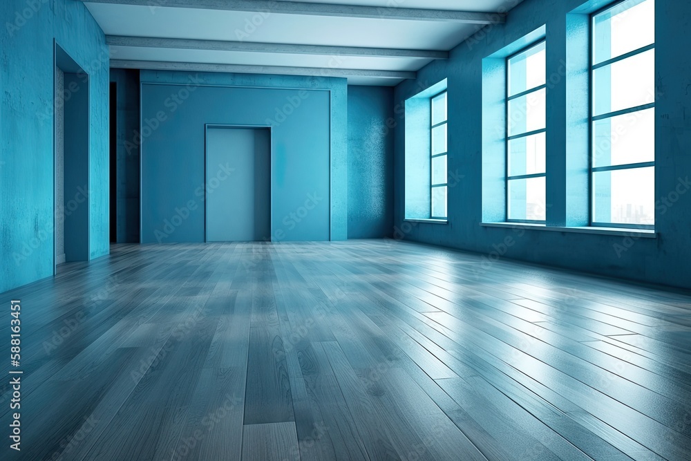 Illustration of an Empty Room with Blue Walls and Wooden Floors. Generative AI Illustration of an Empty Room with Blue Walls and Wooden Floors. Generative AI