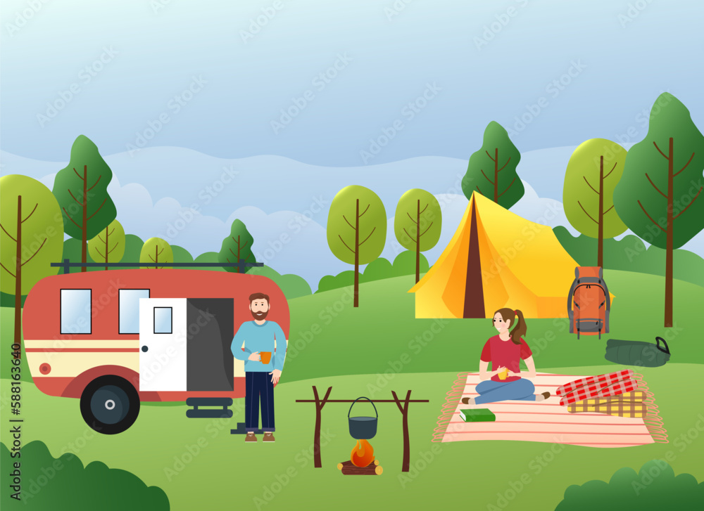 Camping is a family holiday. The couple is traveling. Vector landscape drawing. Motor home, tent and bonfire, touristic leisure items. For books and brochures, covers, web pages and social networks, f