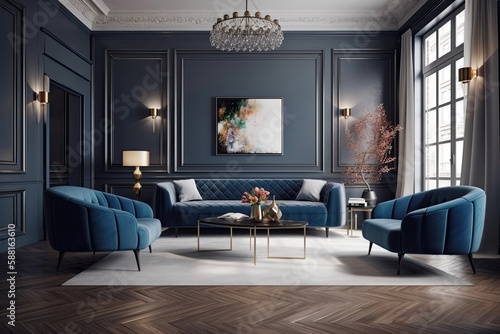 Illustration of living room interior with elegant furniture and a luxurious chandelier. Generative AI