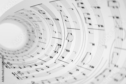 Rolled sheet with music notes on white background, closeup view