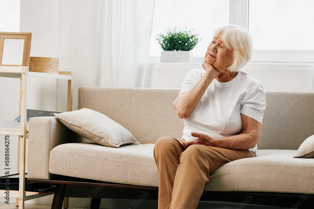 Elderly woman severe pain in the head sitting on the couch, health problems in old age, poor quality of life. Grandmother with gray hair holding her head, migraine and high blood pressure. Elderly woman severe pain in the head sitting on the couch, health problems in old age, poor quality of life. Grandmother with gray hair holding her head, migraine and high blood pressure.