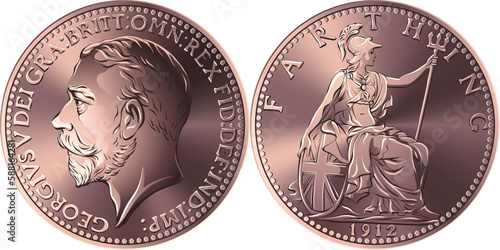 Vector money bronze coin British farthing , king George V on obverse, Britannia on reverse