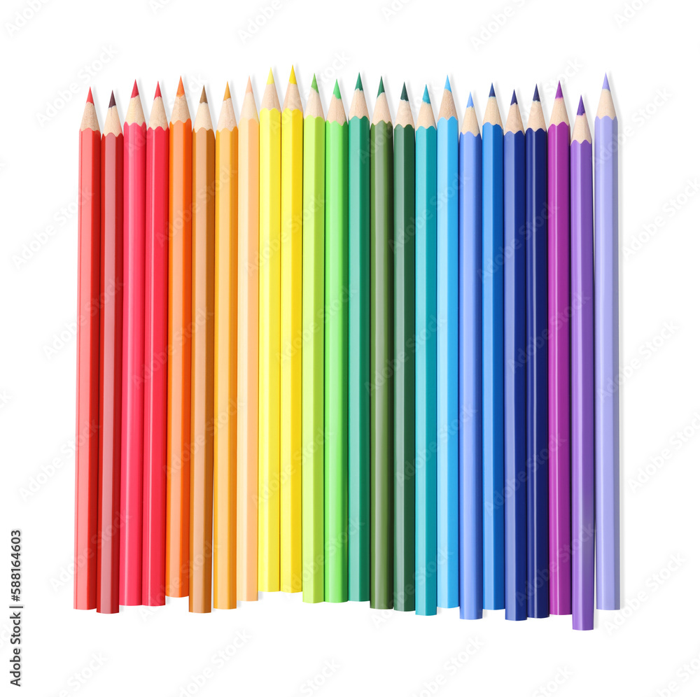 Many colorful wooden pencils on white background, top view Many colorful wooden pencils on white background, top view