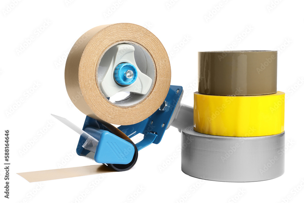 Dispenser and rolls of adhesive tape on white background
