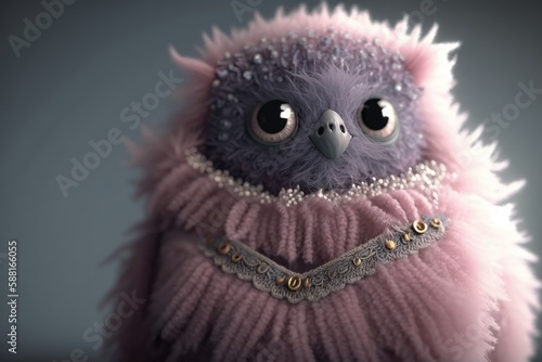 Cinematic Shot of Award-Winning Cute Monster in Designer Gown with Fur Stole and Diamond Bracelet in Stunning 8K Marcin Nagraba & Rebecca Millen's Octane Rendering on White Background, Featuring Detai photo