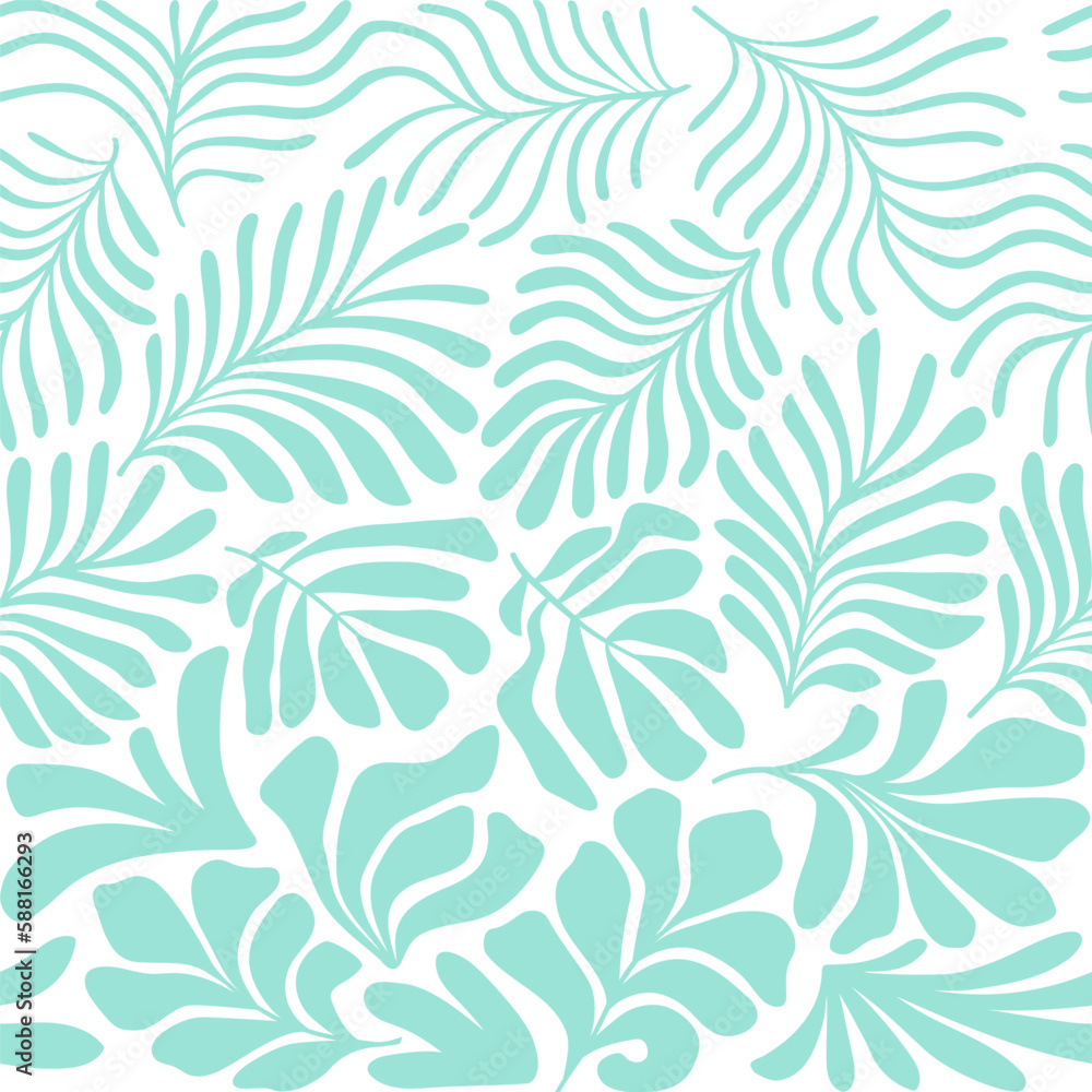 Fototapeta premium Turquoise white abstract background with tropical palm leaves in Matisse style. Vector seamless pattern with Scandinavian cut out elements.