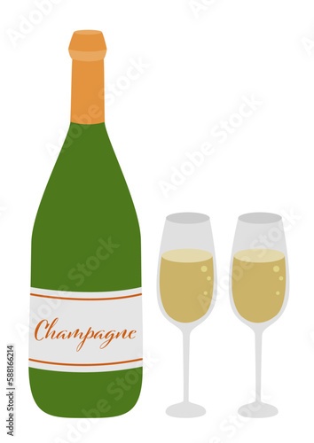 シャンパンの入った瓶とグラスのイラスト
