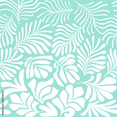 Turquoise white abstract background with tropical palm leaves in Matisse style. Vector seamless pattern with Scandinavian cut out elements.