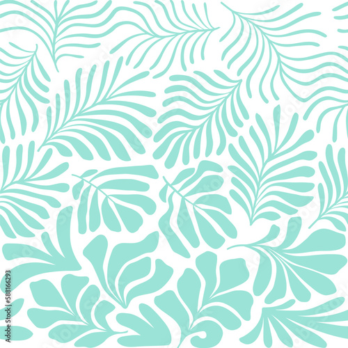 Turquoise white abstract background with tropical palm leaves in Matisse style. Vector seamless pattern with Scandinavian cut out elements. © Oleksandra