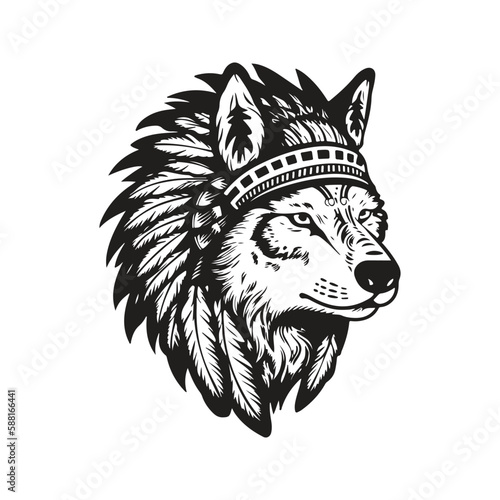 wolf indian, logo concept black and white color, hand drawn illustration