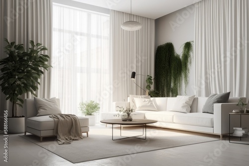 cozy living room with ample natural light and comfortable furniture. Generative AI © AkuAku