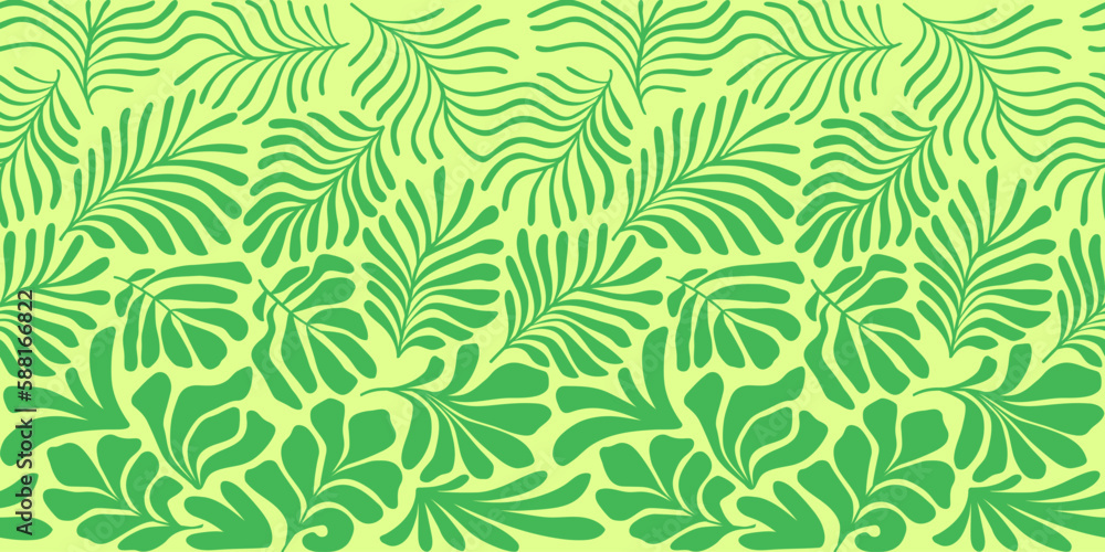 Yellow lime green abstract background with tropical palm leaves in Matisse style. Vector seamless pattern with Scandinavian cut out elements. Yellow lime green abstract background with tropical palm leaves in Matisse style. Vector seamless pattern with Scandinavian cut out elements.