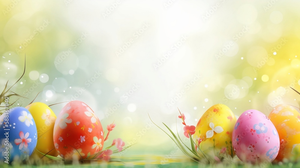 Sunny Easter Egg Card Mockup, Space for Text. Colorful generative AI Art Sunny Easter Egg Card Mockup, Space for Text. Colorful generative AI Art