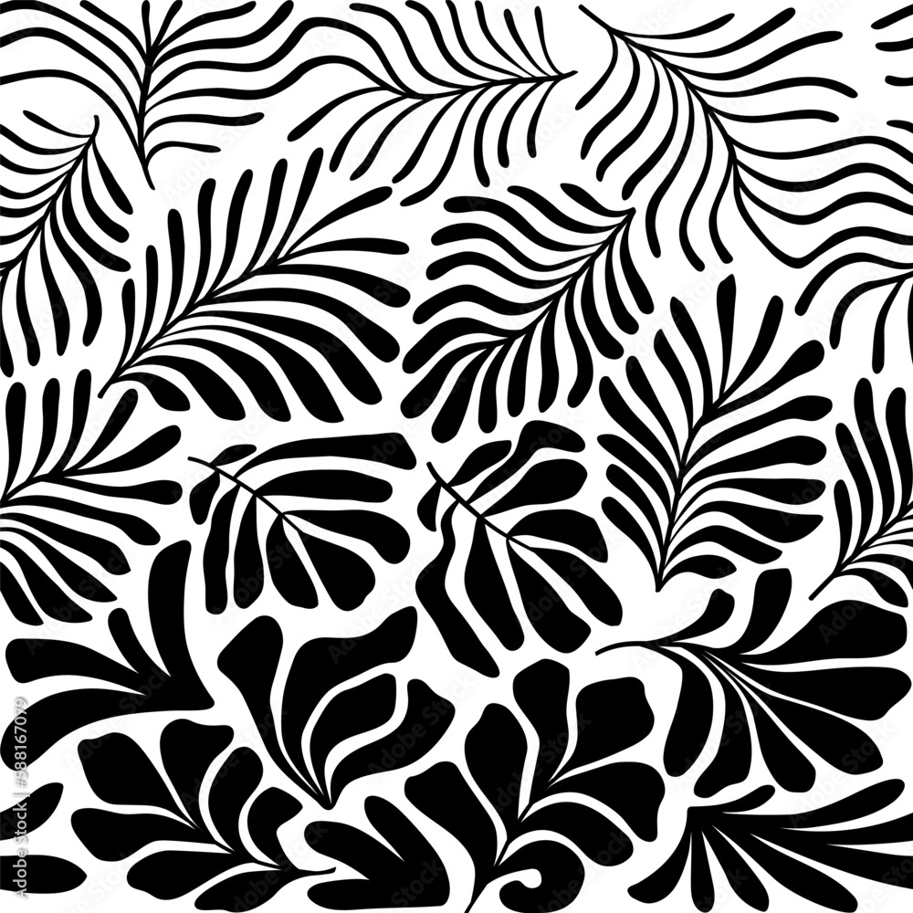 Black and white abstract background with tropical palm leaves in Matisse style. Vector seamless pattern with Scandinavian cut out elements. Black and white abstract background with tropical palm leaves in Matisse style. Vector seamless pattern with Scandinavian cut out elements.