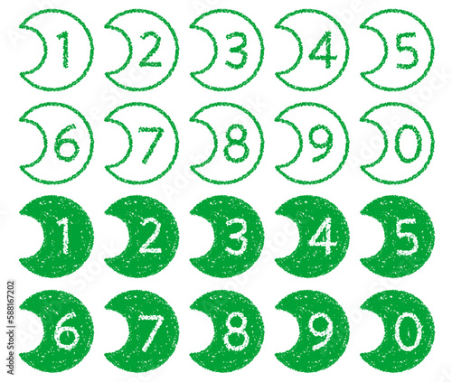手描きのクレヨン素材 三日月形の数字アイコンセット