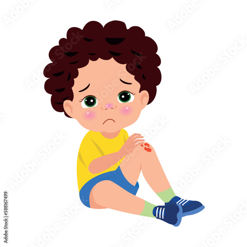 sad knee bleeding boy falling down