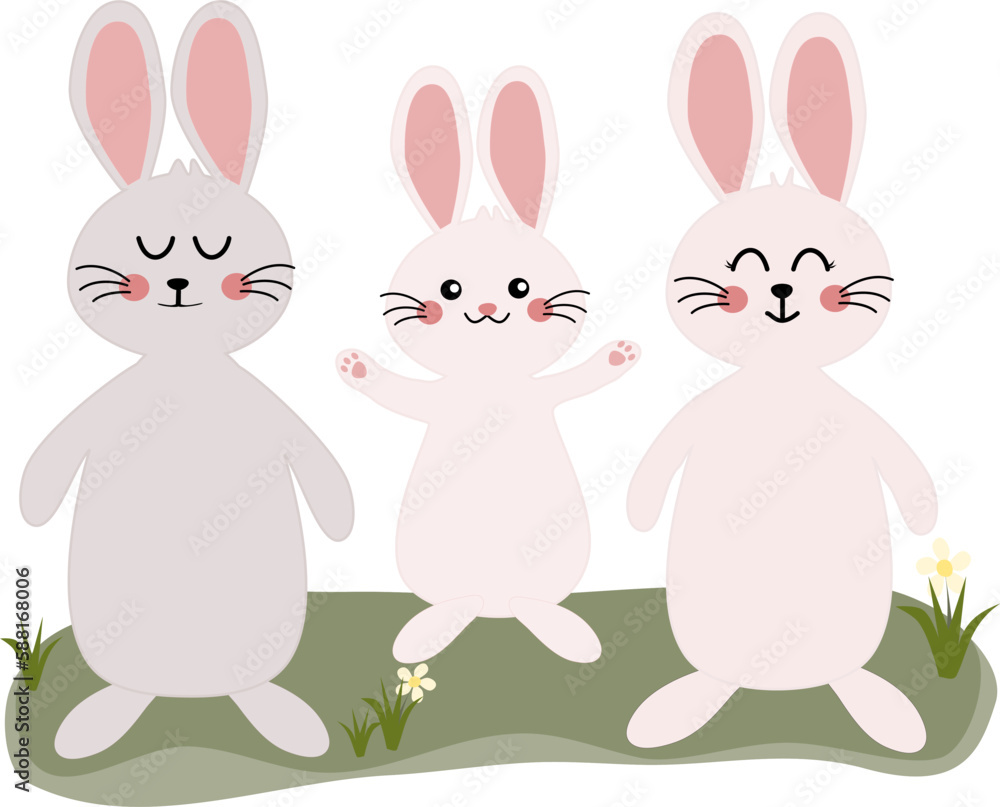 Cute Rabbits family in grass yard vector illustration. Happy easter elements decoration. Kawaii Daddy mommy son rabbits family. Cute Rabbits family in grass yard vector illustration. Happy easter elements decoration. Kawaii Daddy mommy son rabbits family.
